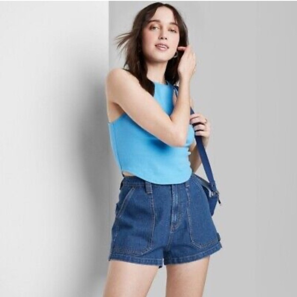 Women's Ultra High-Rise Cargo Utility Midi Denim Shorts - Wild Fab Sz 6 - Picture 2 of 7